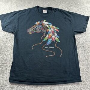 VINTAGE Destination Shirt Mens XL Black Oklahoma Aztec Western Tribal‎ Horse USA